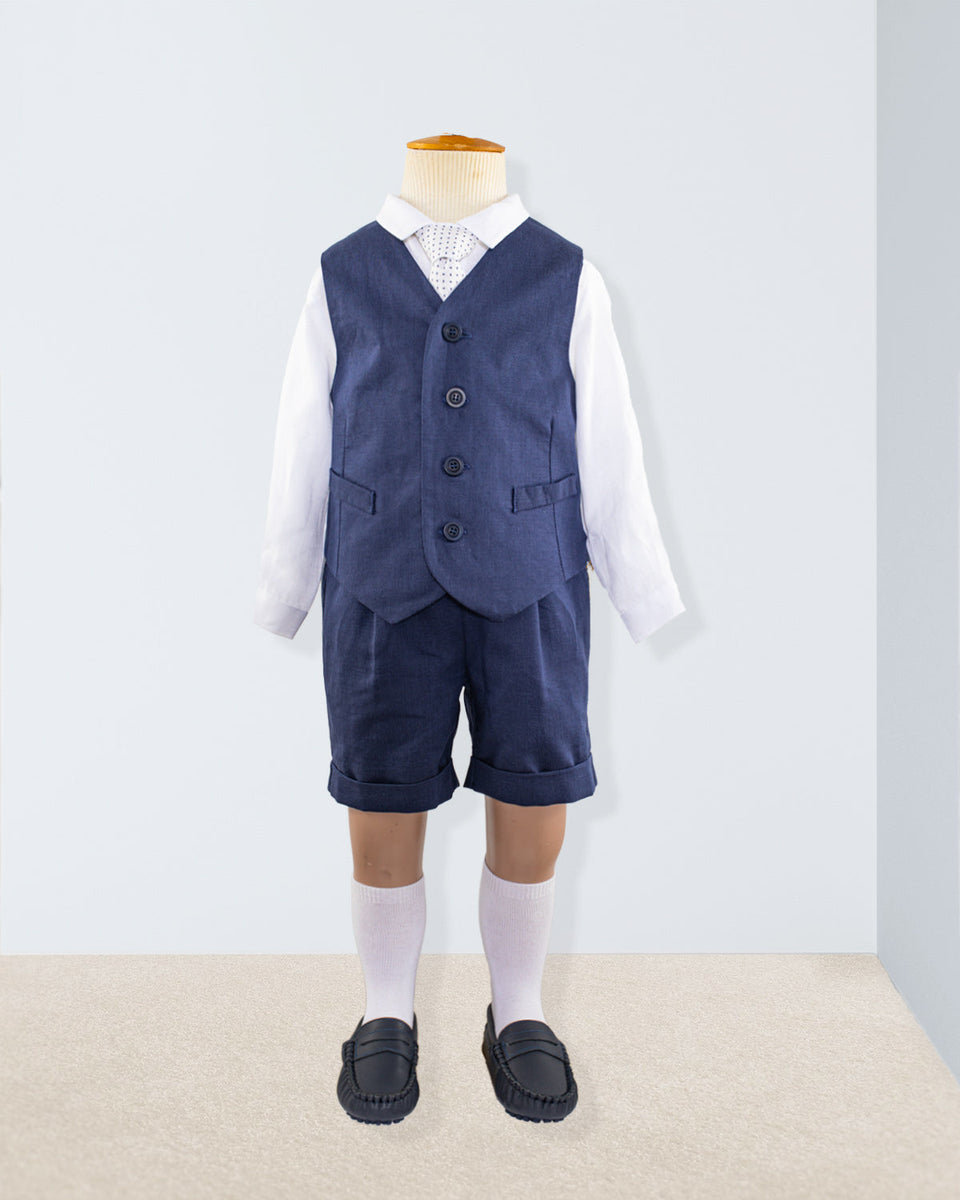 Adam 2-Pcs Navy Linen Suspender Short and Vest