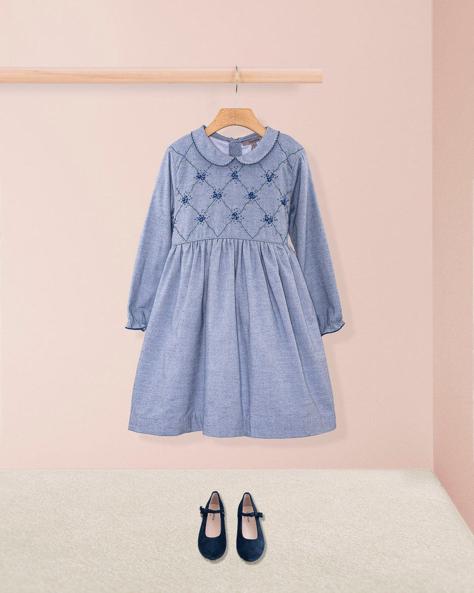 Nikola Blue Flannel Embroidered Dress