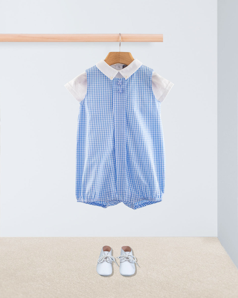 William Light Blue Gingham Romper