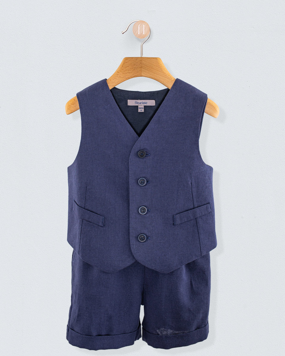 Adam 2-Pcs Navy Linen Suspender Short and Vest