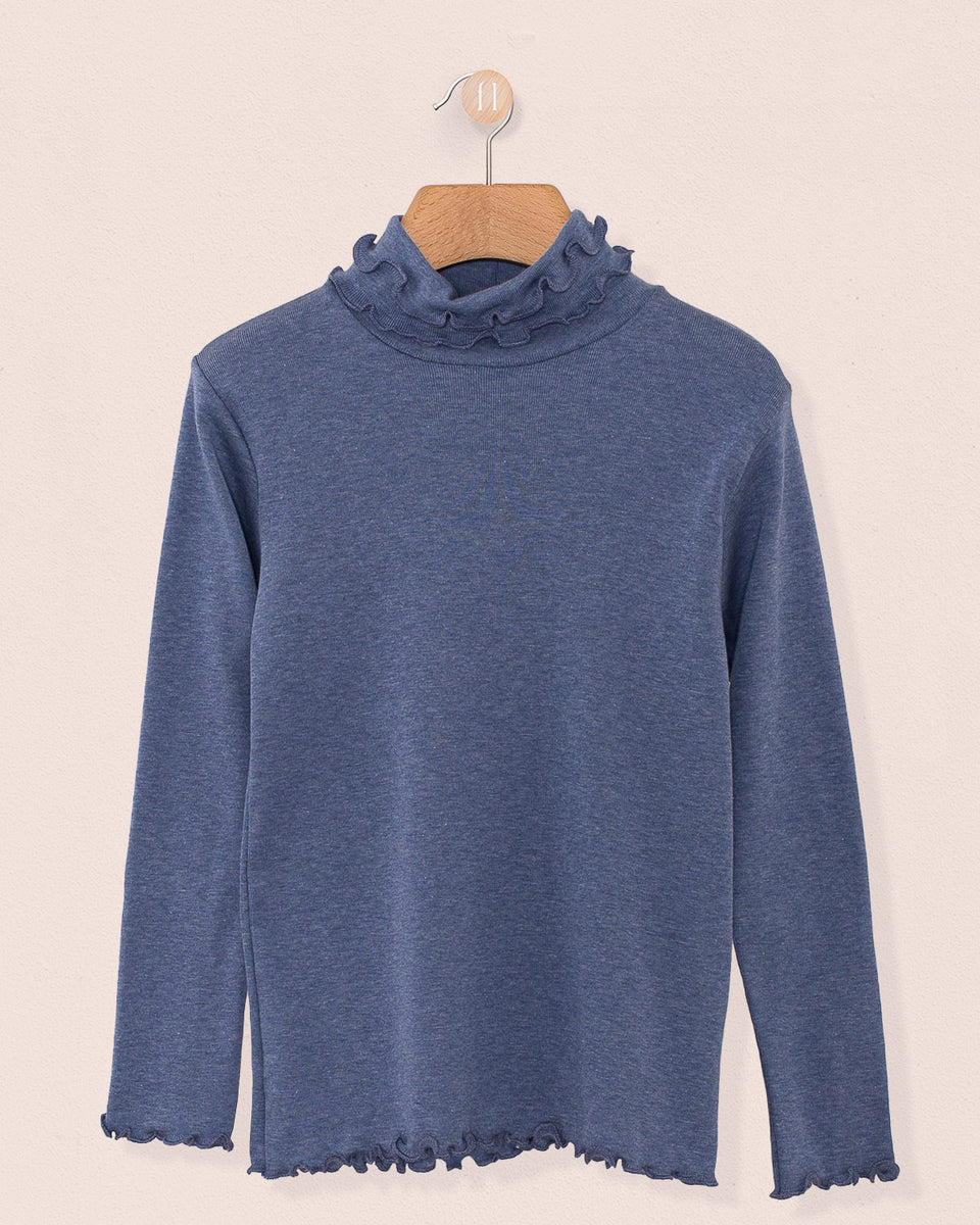 Ruffle Turtleneck Italian Brushed Cotton Blue Melange