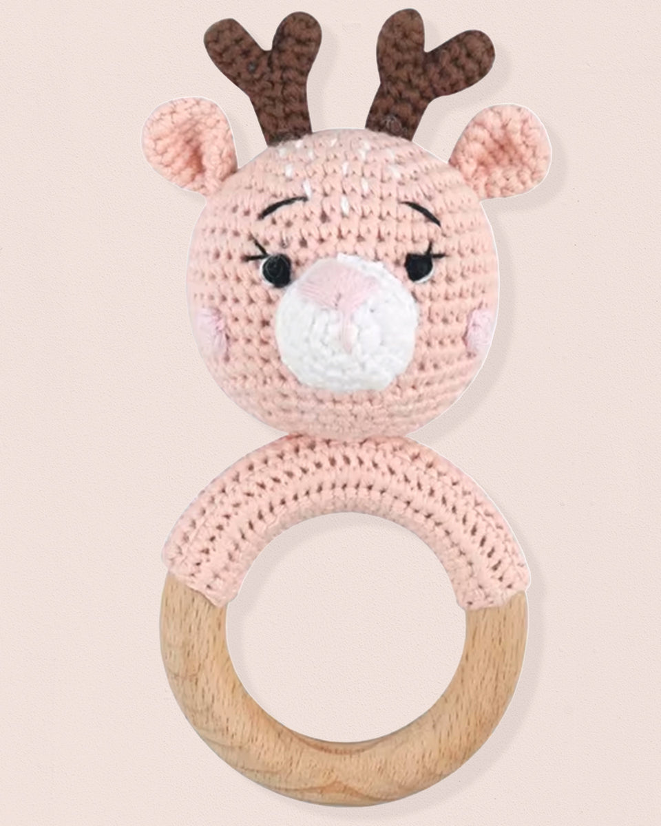 Crocheted Pink Deer Rattle Toy