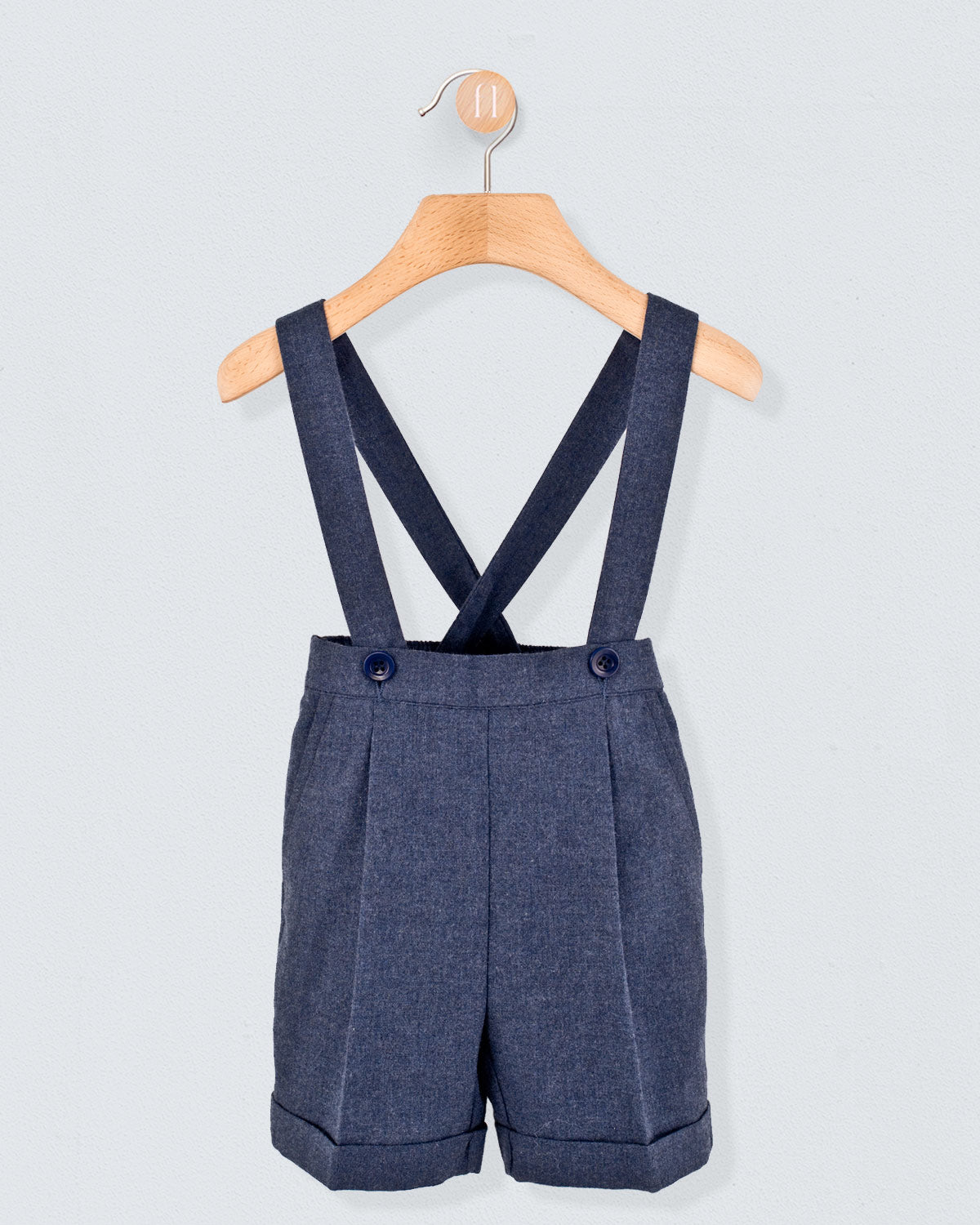 Navy blue shorts with cheap suspenders